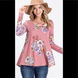 Womens floral mauve criss cross v neck top size S